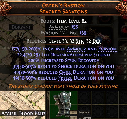 MMOJUGG Path of Exile 2 OBERN'S BASTION STACKED SABATONS#935897 Details View of Item Function and Use